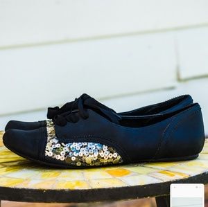 Black w/ sequins lace-up flats